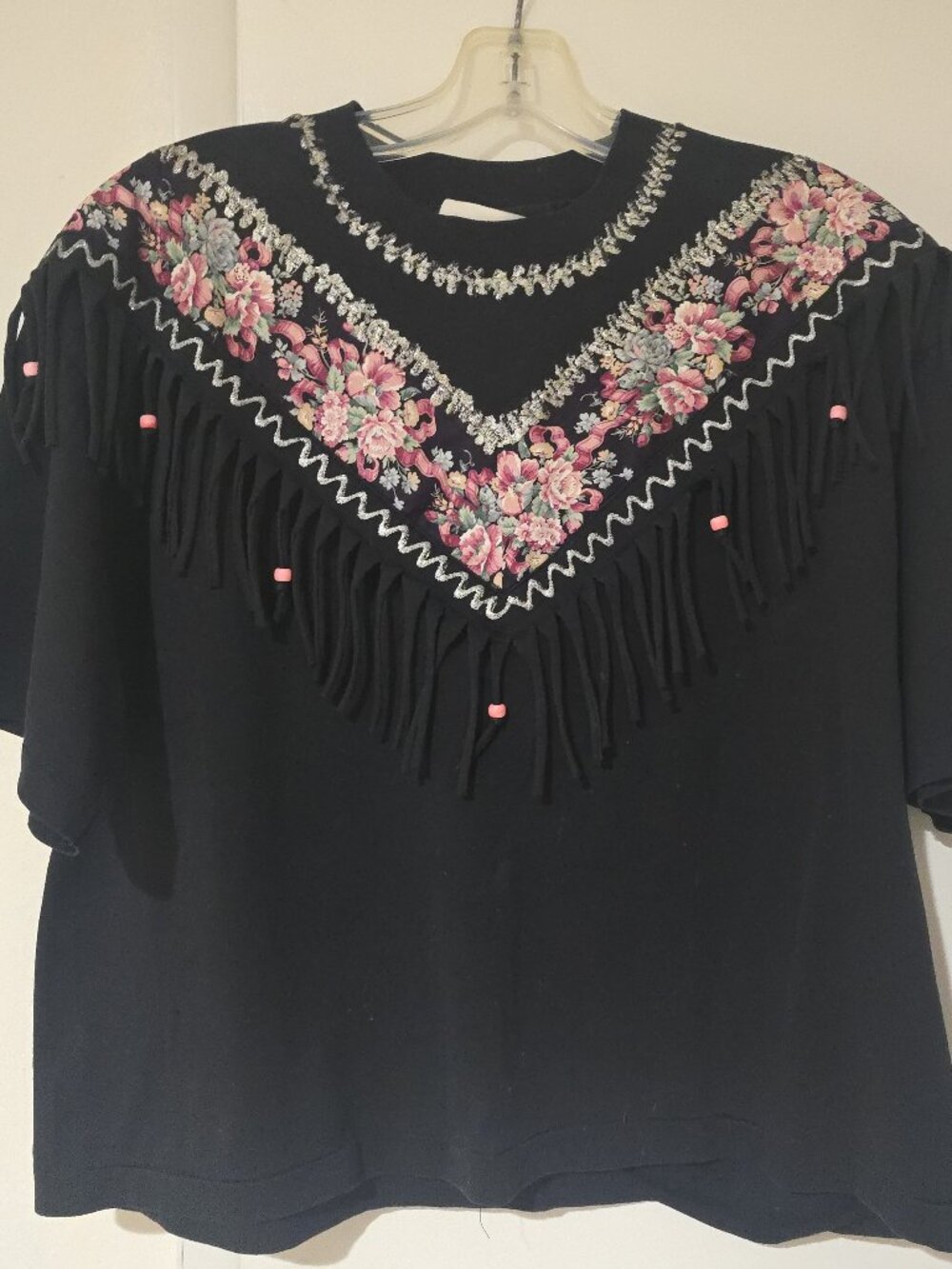 Vintage 80s 90s Black Floral Fringe Top Handmade Western Boho Beaded L/XL